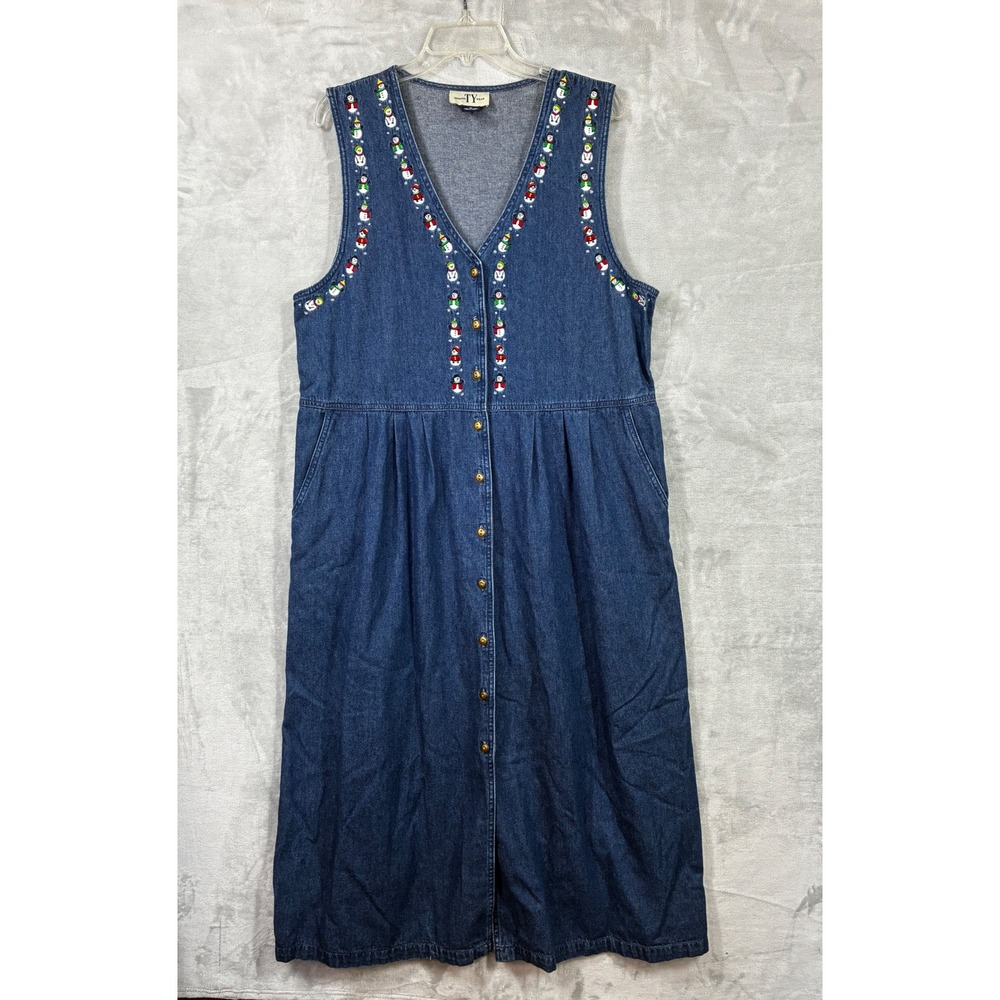 Vintage Original TY Wear Denim Snowman Embroidered Button Front Jumper Dress 16